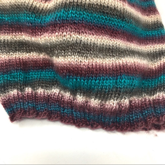 Handknitted Striped Burgundy Teal Cream Grey Ribbed Edge Unisex Slouchy Hat - Picture 7 of 16
